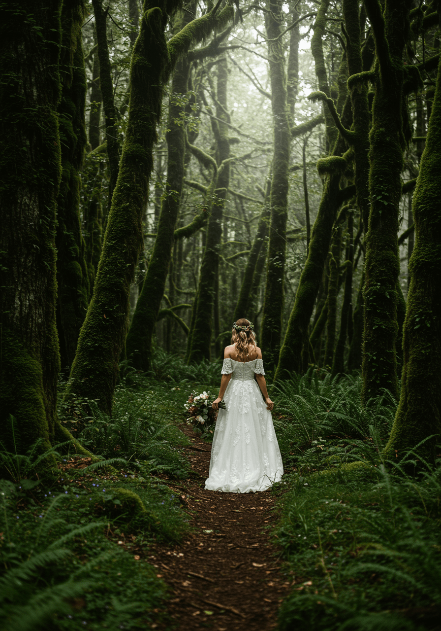 Bohemian bride in flowing off-shoulder wedding dress walking through enchanted moss-covered forest in morning light