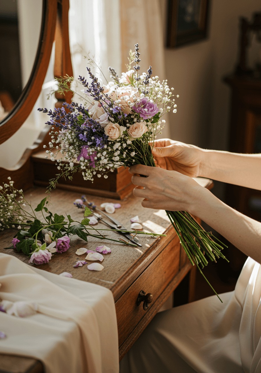 Bride's hands arranging wildflower bouquet of lavender and roses at vintage wooden vanity in morning light