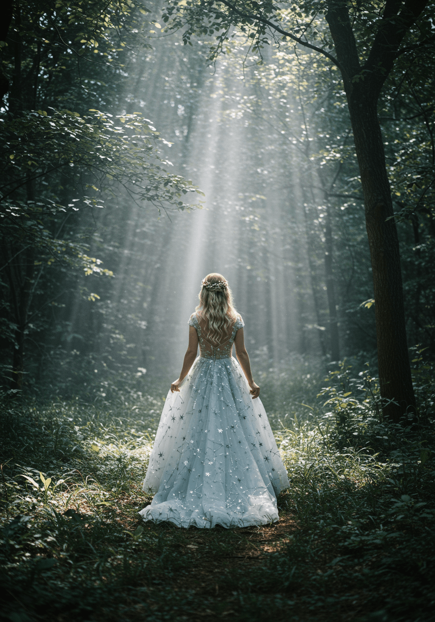 Bride in star-embellished wedding gown walking through moonlit forest clearing with dramatic lighting