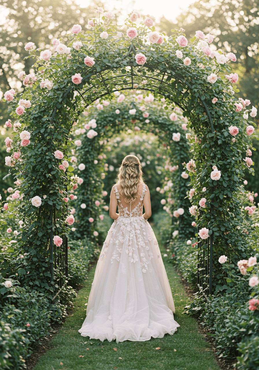 Bride in flowing tulle gown walking through rose and ivy covered garden archway in soft morning light