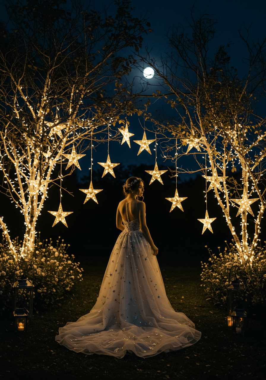 Bride in celestial wedding dress standing in moonlit garden with star-shaped fairy lights hanging from trees