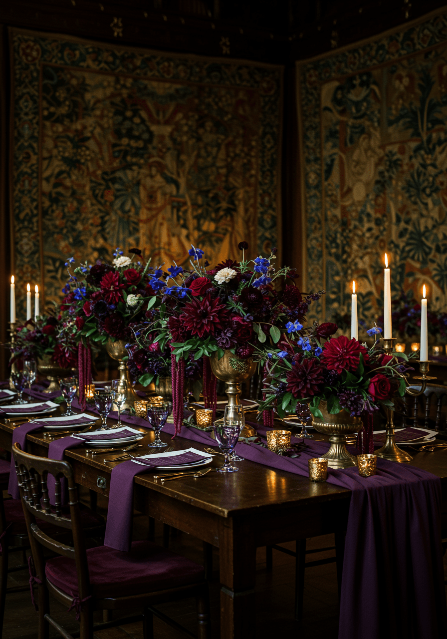 Dramatic candlelit medieval wedding table with rich tapestries and brass candelabras