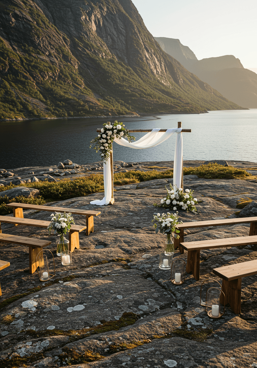 Rustic Nordic wedding ceremony setup with wooden benches and stone arch in dramatic fjord landscape