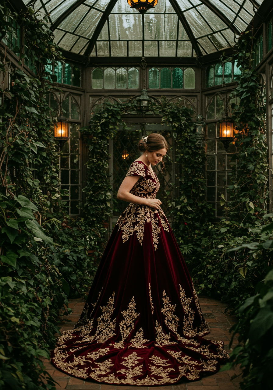 Bride in burgundy velvet Victorian wedding dress in ornate conservatory with stained glass windows