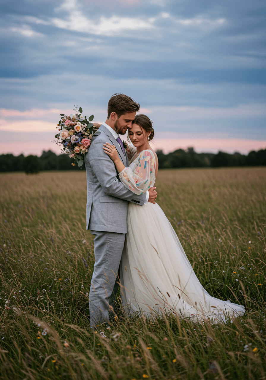 Couple in watercolour-inspired wedding attire embracing in wildflower meadow during blue hour twilight