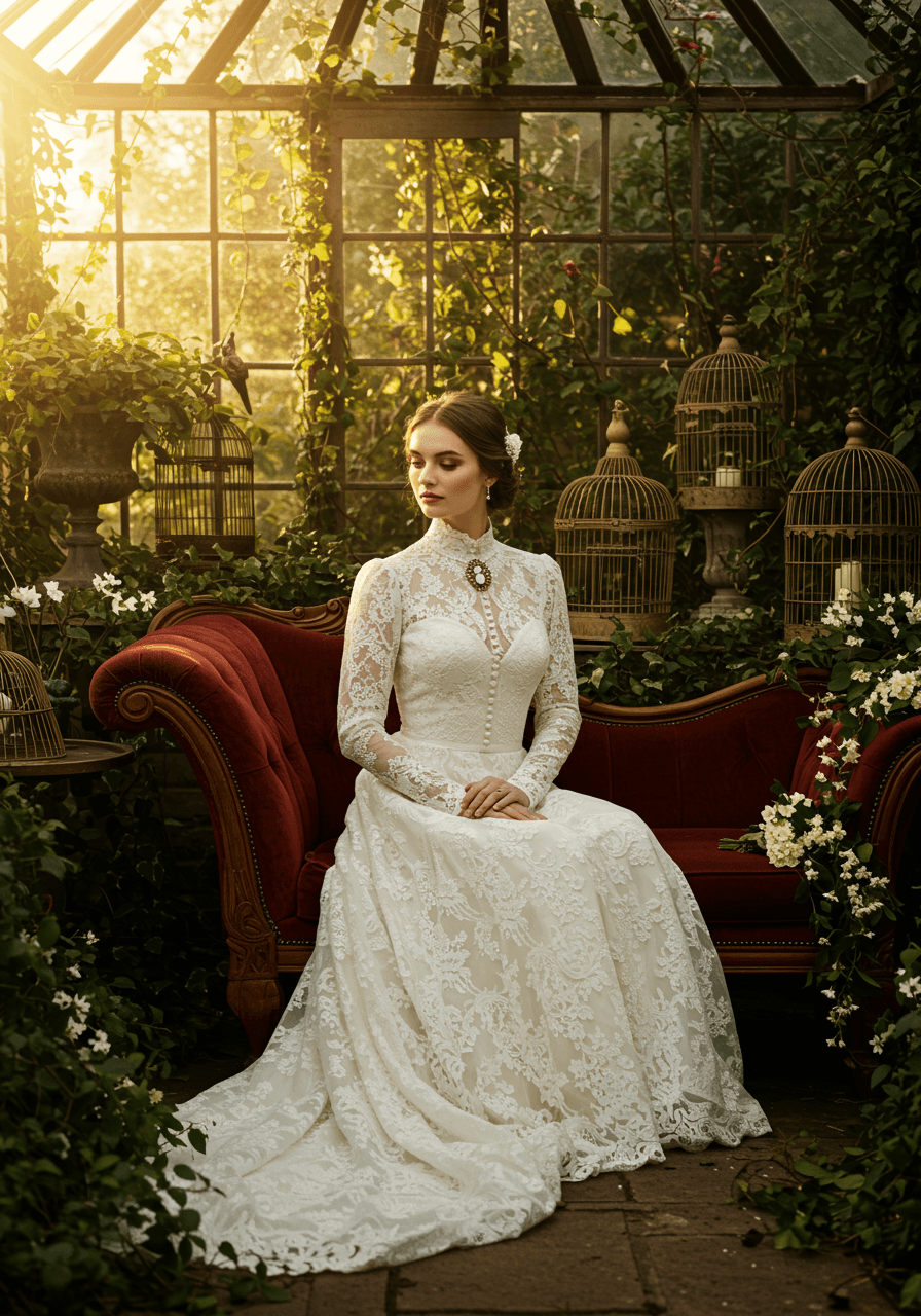 Victorian bride in elaborate Chantilly lace gown sitting in ornate conservatory with trailing ivy