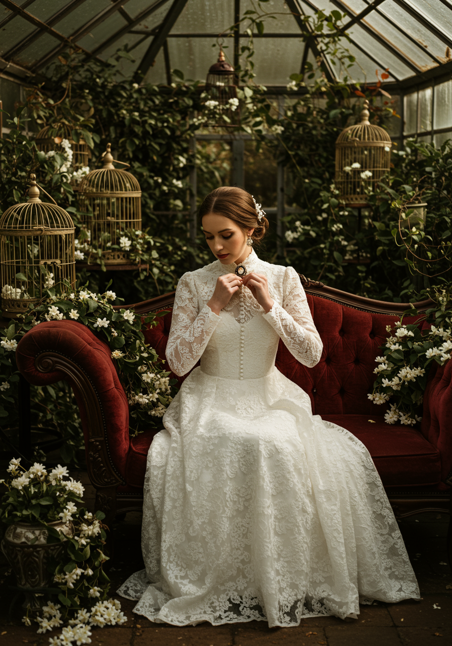 Intimate moment of Victorian bride adjusting antique cameo brooch in conservatory setting