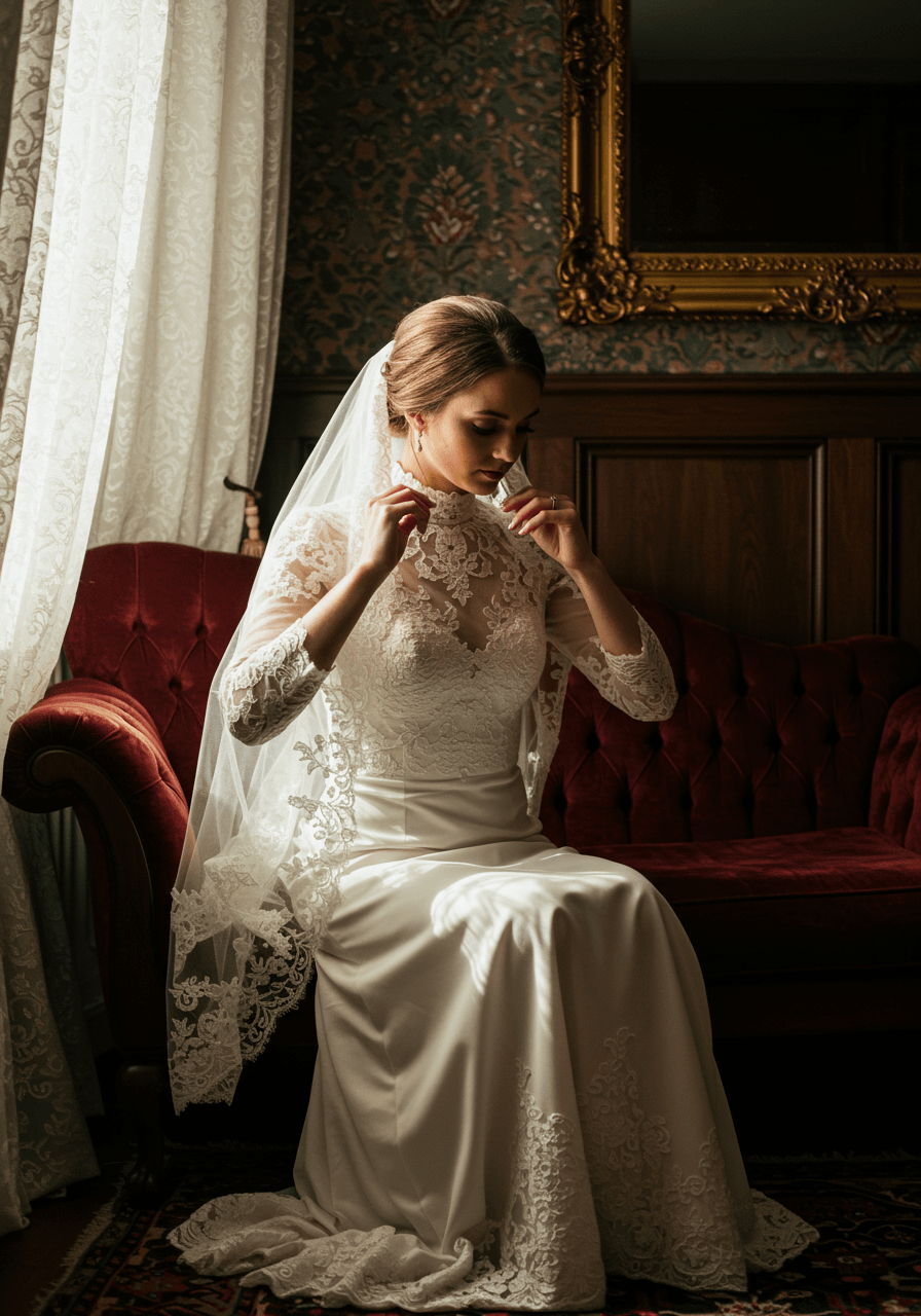 Bride adjusting veil whilst seated on antique settee in elegant Victorian parlour setting
