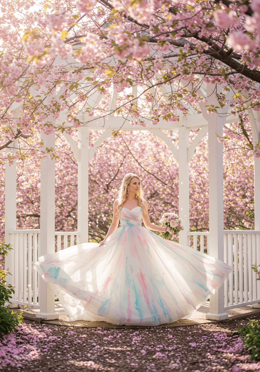 Bride in watercolour-painted wedding dress with pastel brushstrokes among cherry blossoms in garden pavilion