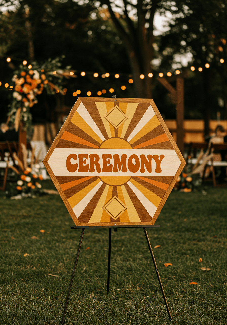Hexagonal wooden ceremony sign with bold burnt orange typography and radiating geometric sunburst patterns at outdoor wedding venue entrance