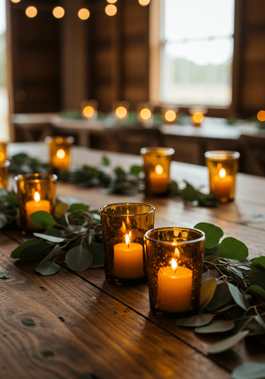Amber glass votive candles arranged on wooden farm table with eucalyptus garlands in rustic barn venue during golden hour