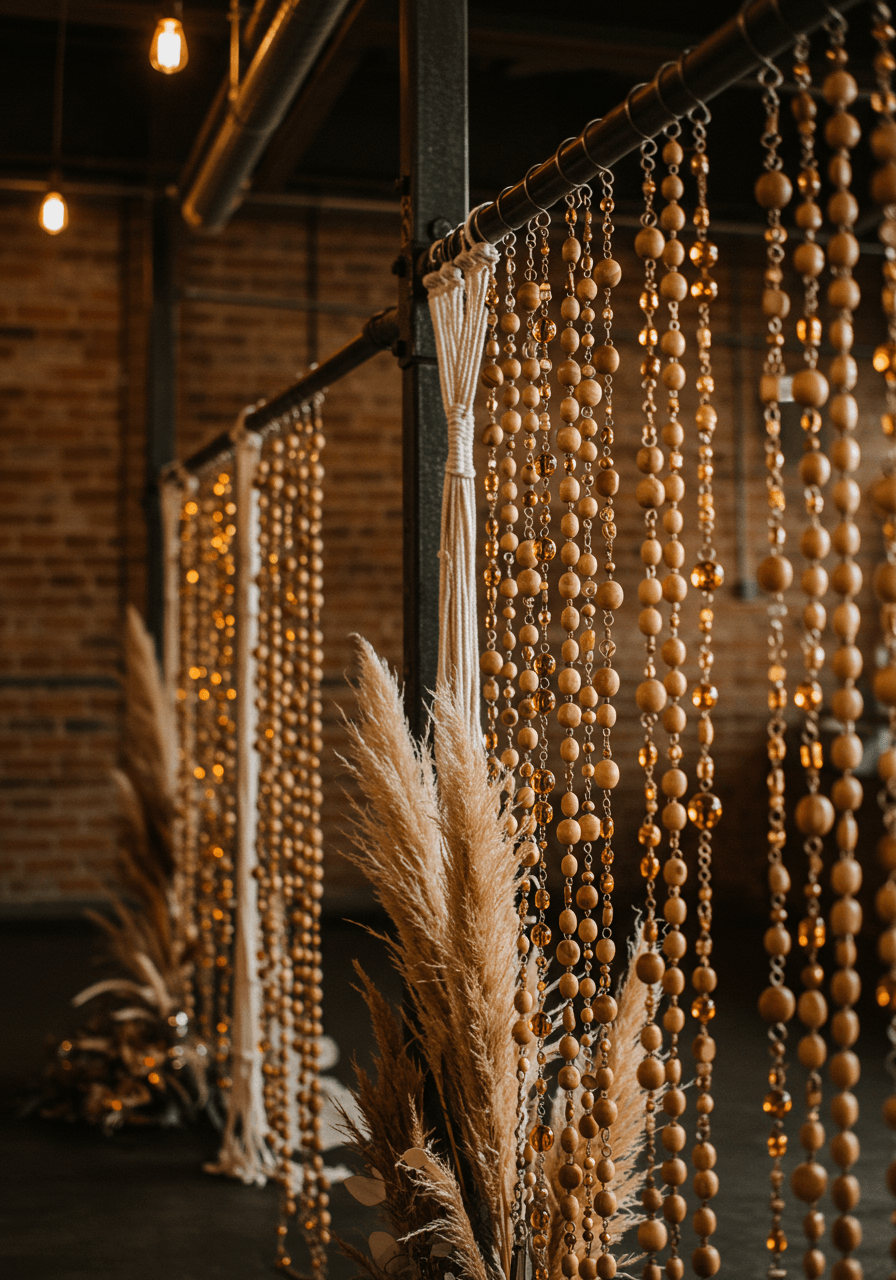 Cascading strands of wooden and glass bead curtains hanging as ceremony aisle dividers in converted warehouse venue with exposed brick