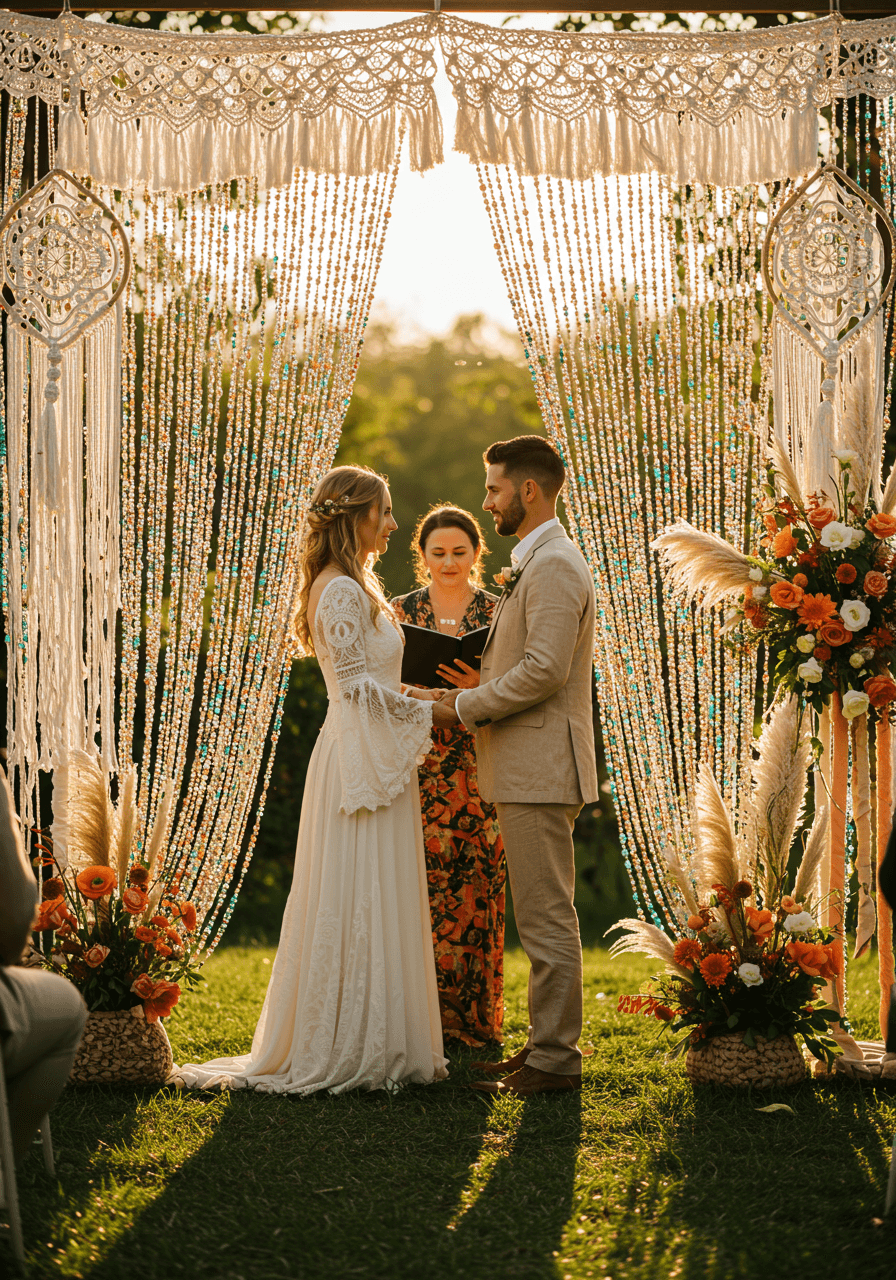 Bride and groom exchanging vows behind shimmering multicoloured bead curtains in bohemian outdoor garden setting during golden hour