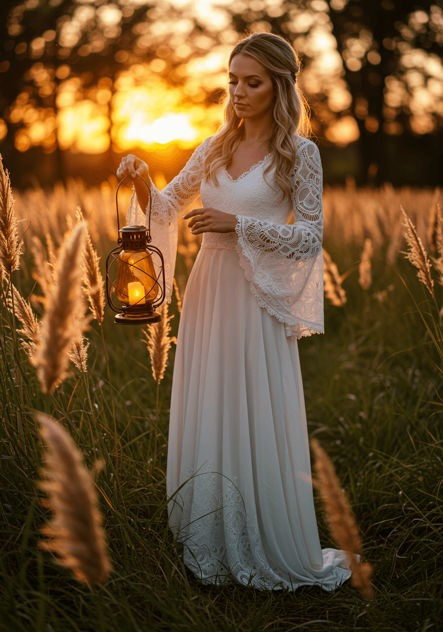 Bride in flowing bohemian wedding dress holding amber glass hurricane lantern whilst standing among tall pampas grass during sunset