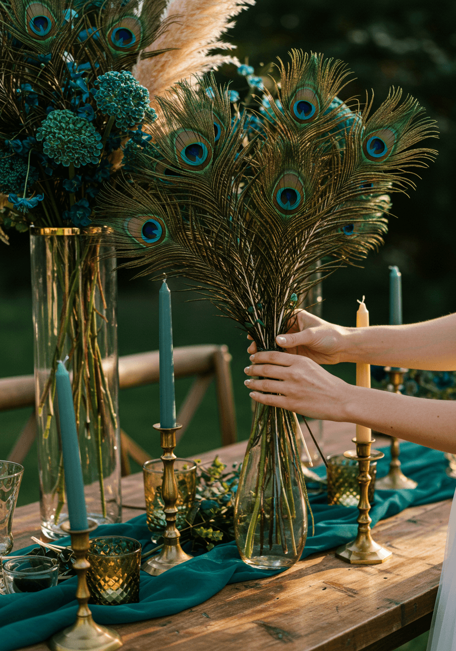 Bride's hands arranging elaborate peacock feather centerpiece with iridescent blue and green plumes in tall glass vases during golden hour