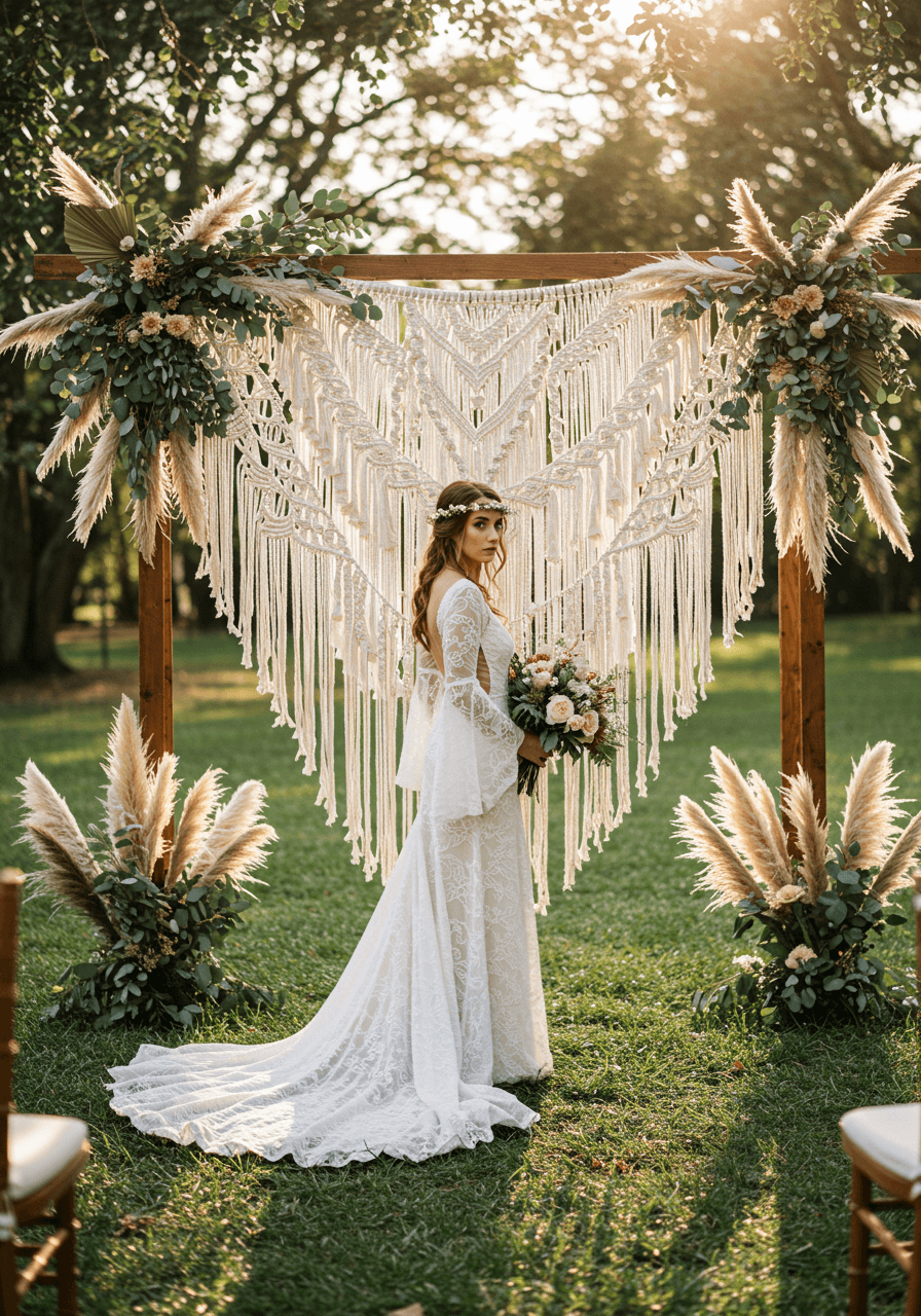 Bohemian bride in flowing lace wedding dress with bell sleeves standing before elaborate macramé wall hanging backdrop in garden setting during golden hour