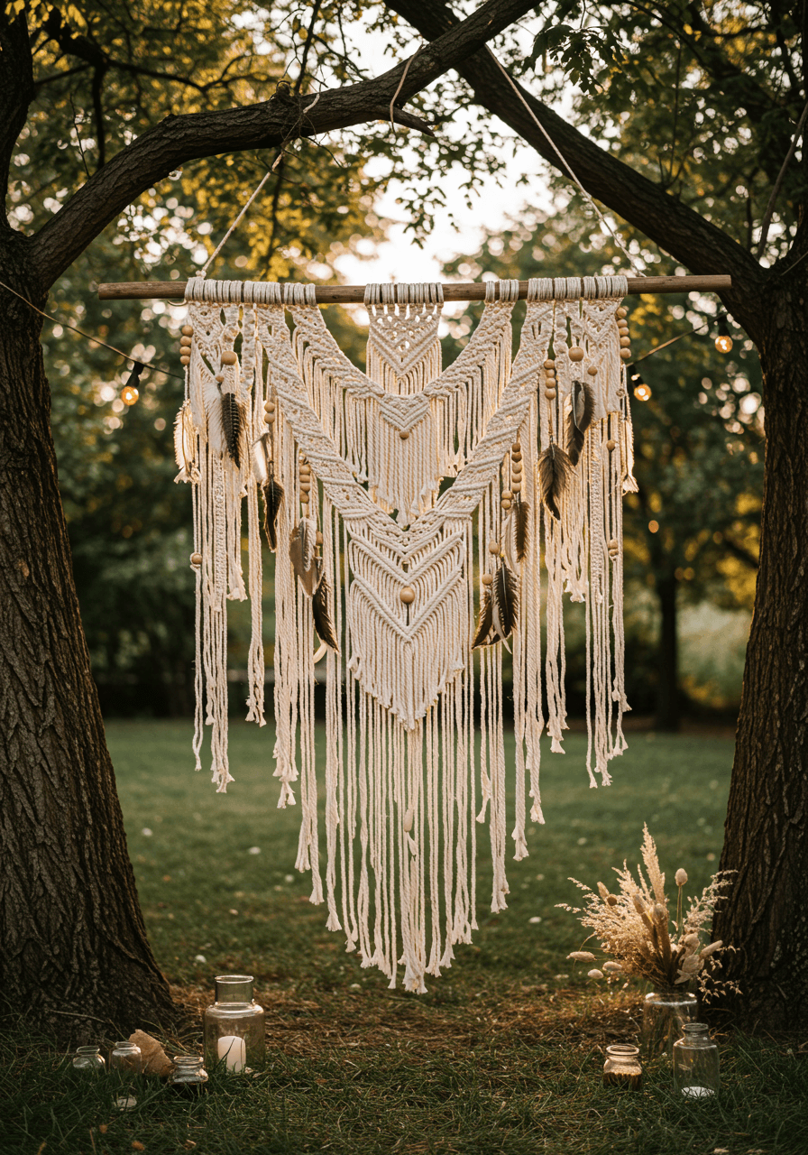 Large geometric macramé wall hanging with diamond patterns and flowing fringe suspended between trees at outdoor wedding reception during late afternoon