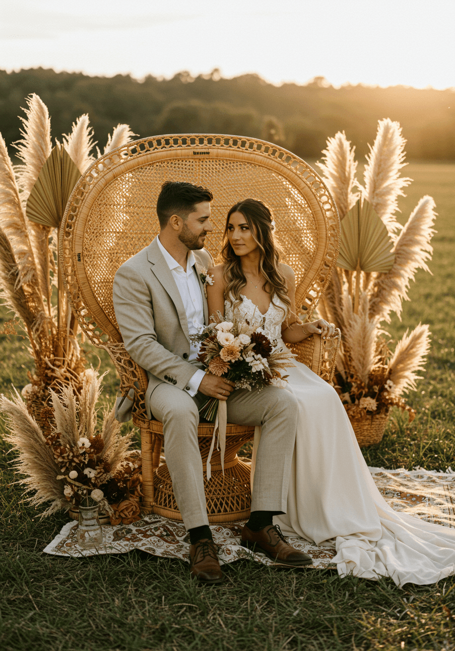 Bride and groom sitting on beautifully woven rattan peacock chair in bohemian outdoor garden setting during golden hour