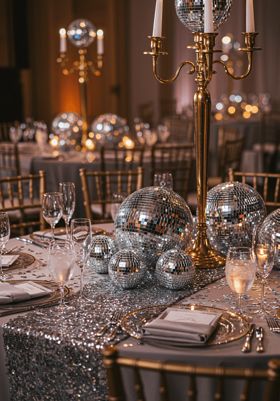 Multiple small disco balls arranged as wedding table centerpieces alongside tall metallic candlesticks in elegant ballroom