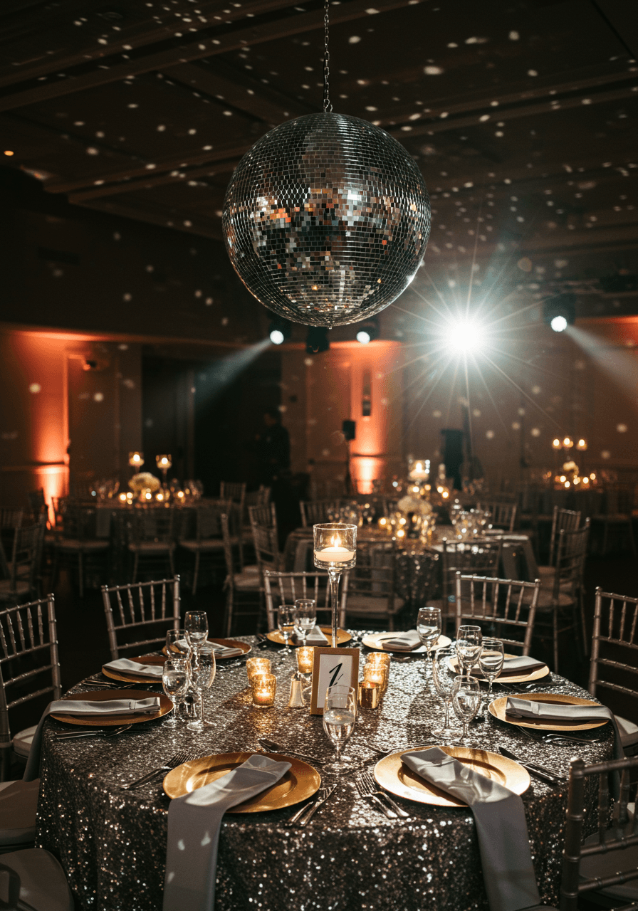 Large mirrored disco ball suspended above elegant wedding reception table with glittery gold and silver linens in dimly lit hall