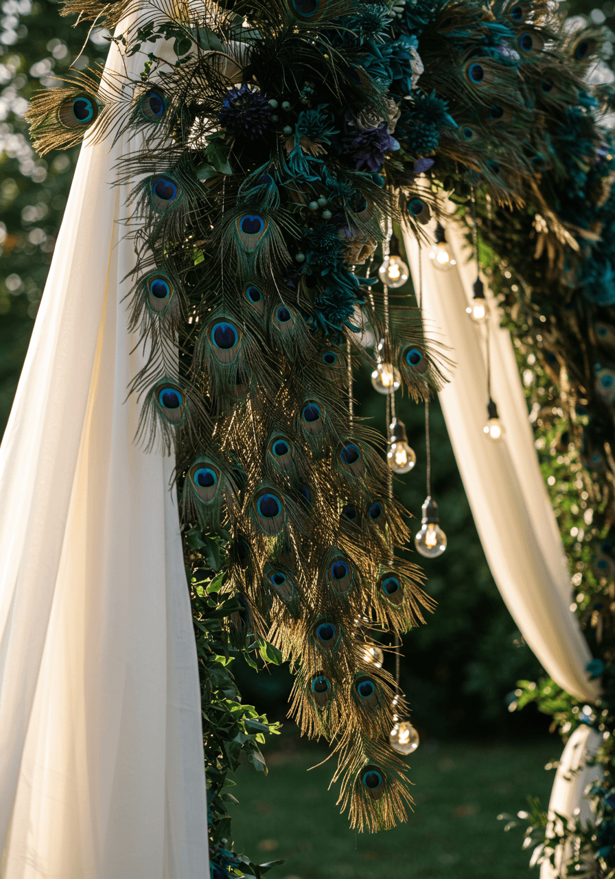 Close-up detail of iridescent peacock feathers arranged in geometric arch pattern with white fabric draping and string lighting