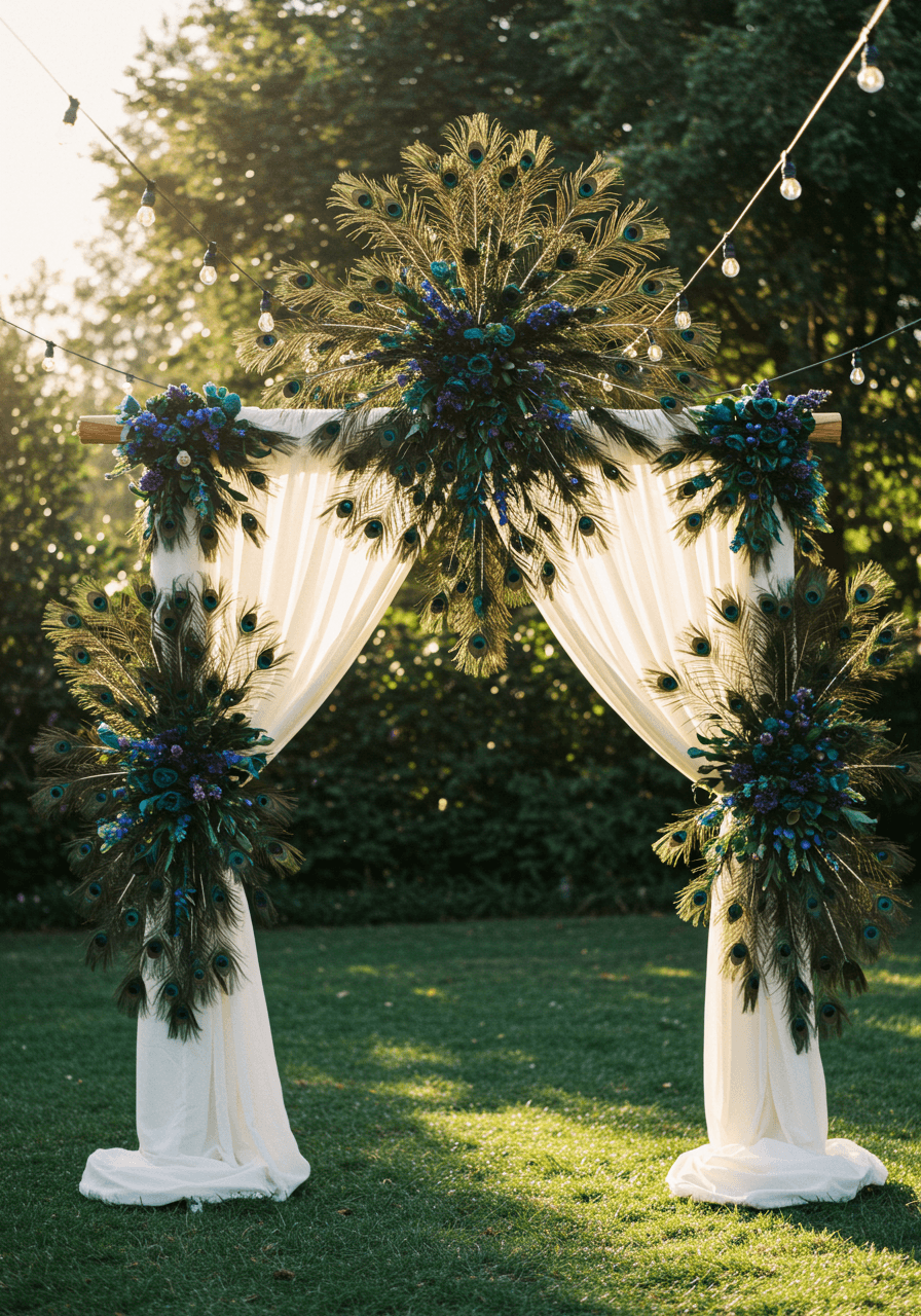 Stunning peacock feather wedding arch with cascading plumes arranged in geometric patterns in sunlit garden venue with string lights