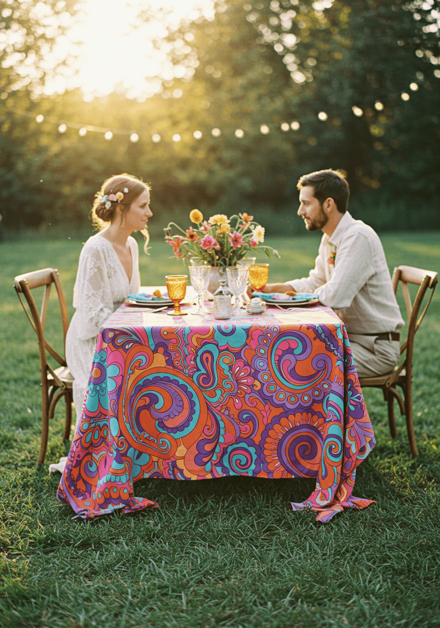 Bride and groom sitting at outdoor wedding reception table with vibrant psychedelic patterned tablecloth in oranges and purples