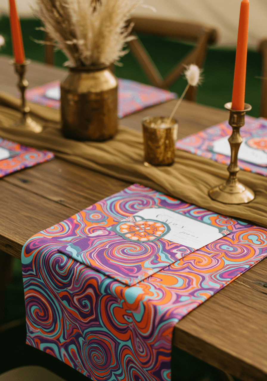 Wedding reception table styling detail featuring layered psychedelic patterned linens with kaleidoscope motifs and vintage brass candlesticks