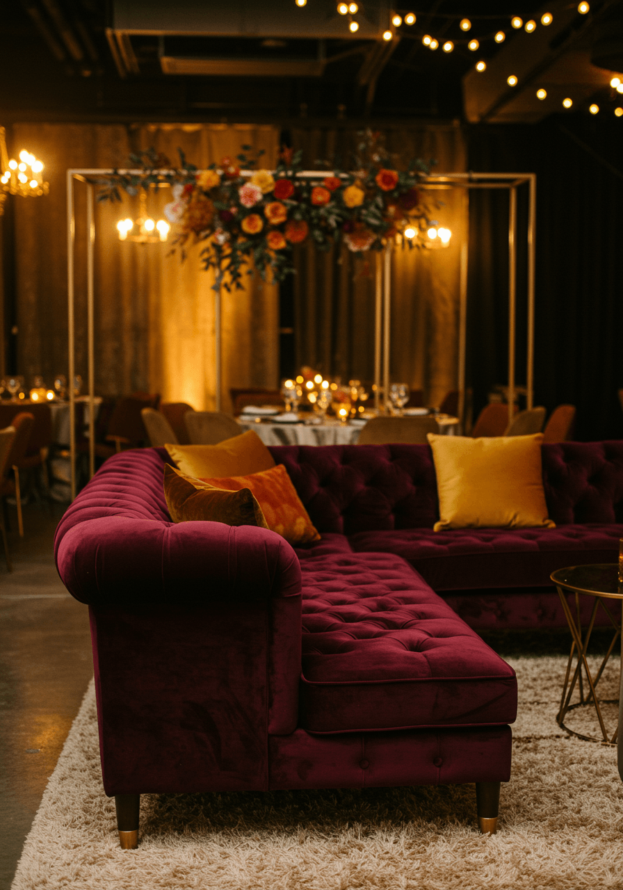 Luxurious burgundy velvet sectional sofa with deep button tufting in intimate wedding lounge area during golden hour