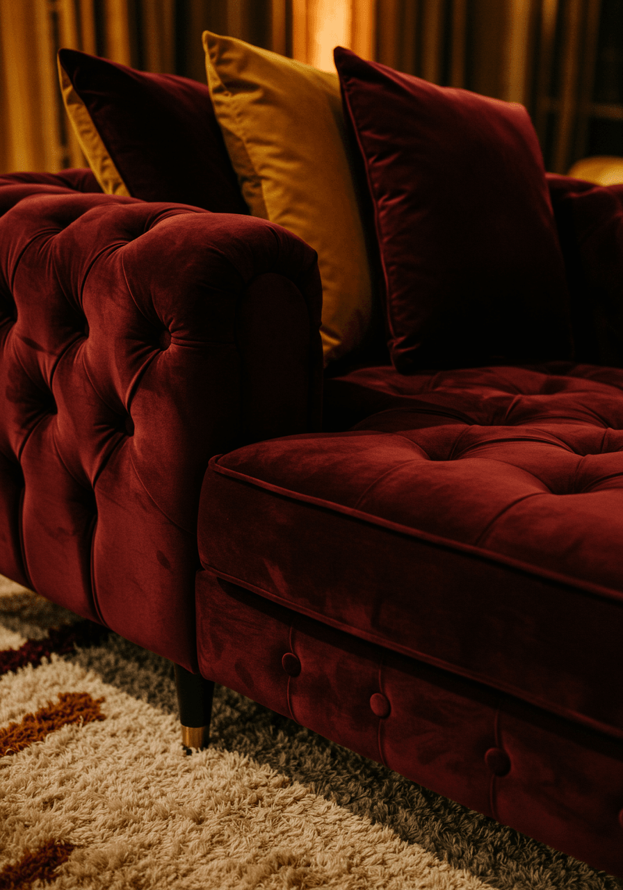 Close-up detail of burgundy velvet sofa showing rich texture and deep tufting with golden lighting highlights
