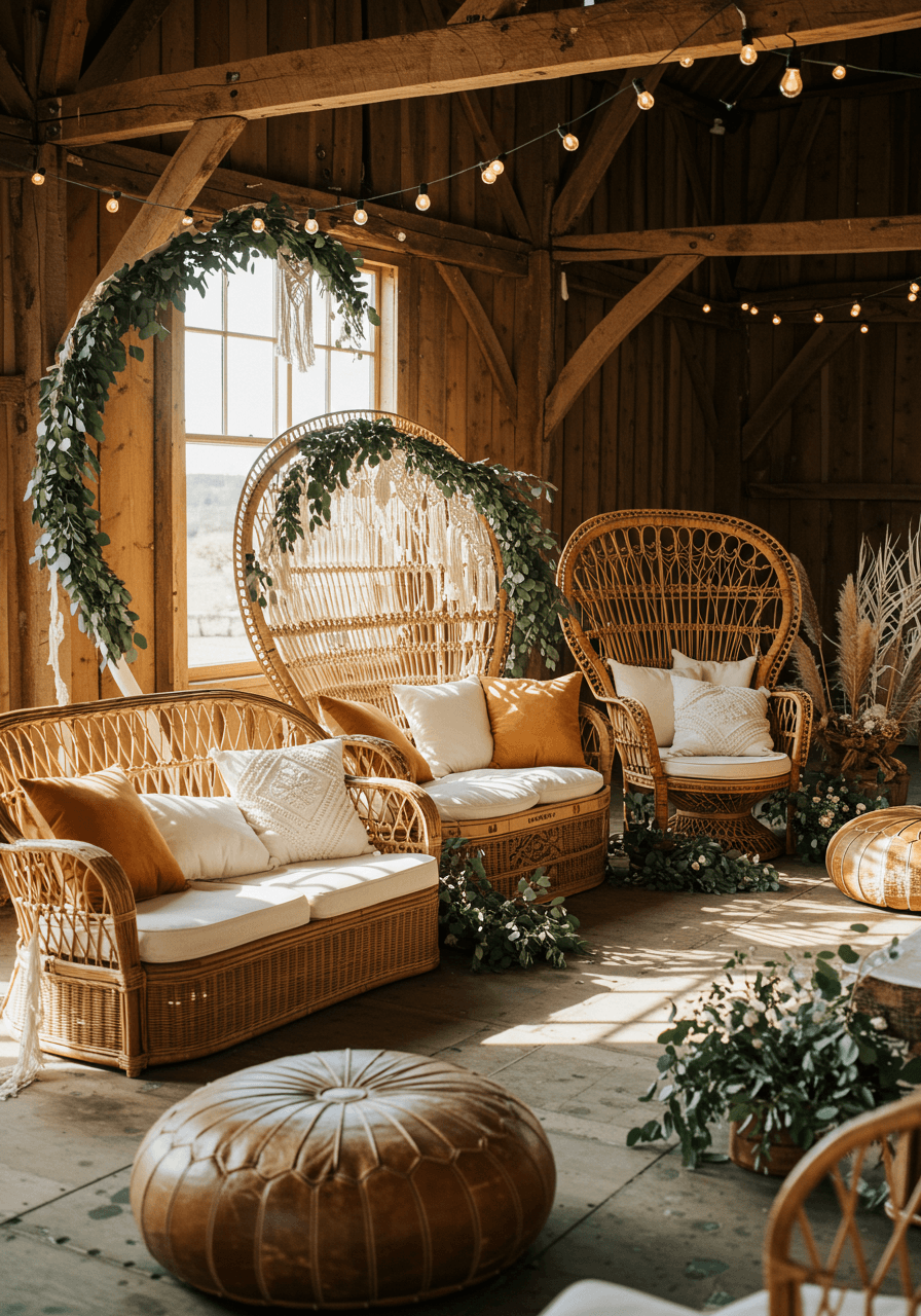 Elegant wicker lounge area with plush cushions and macramé details set up for wedding ceremony in rustic barn venue