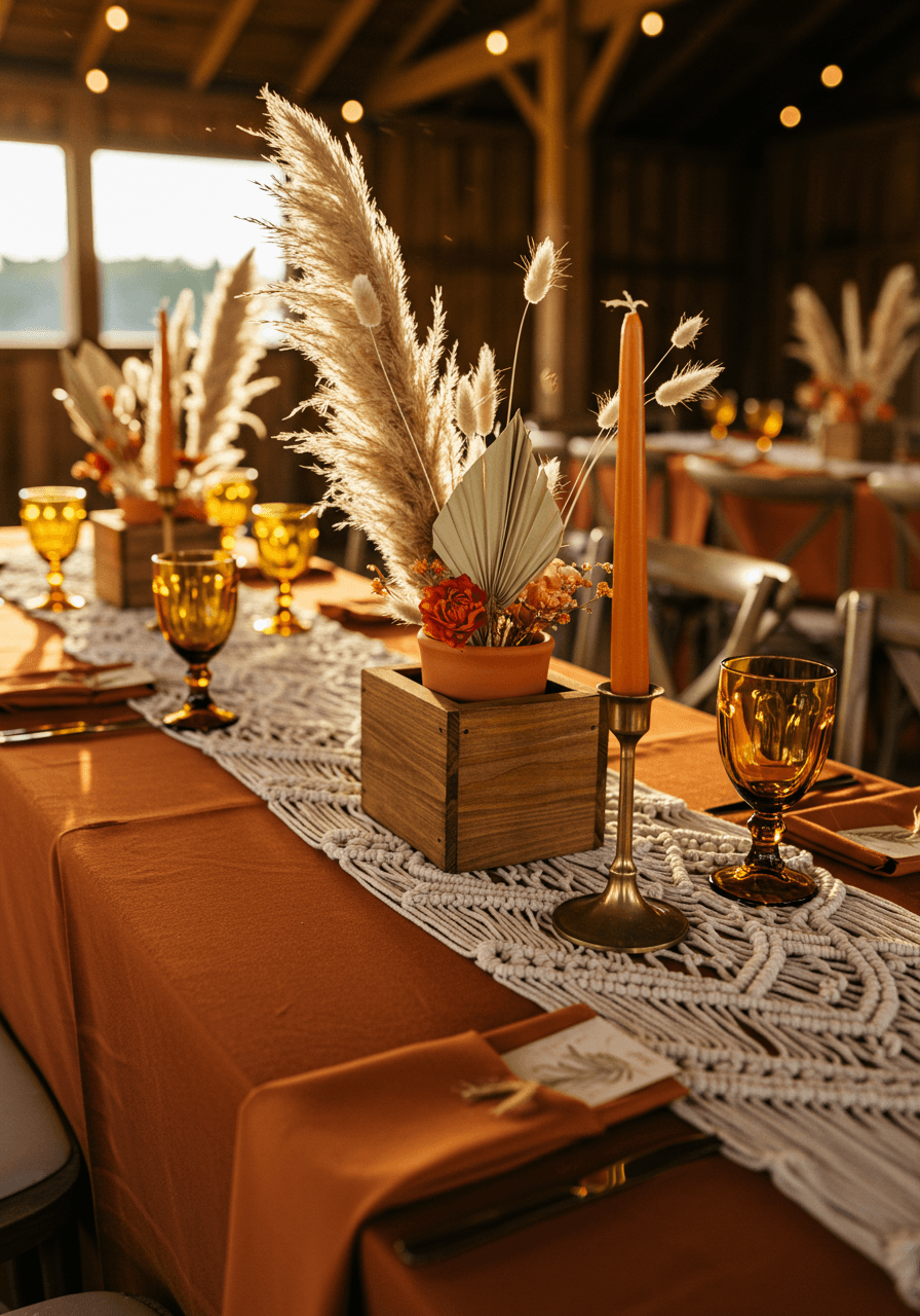 Close-up detail of rustic wedding table styling with terracotta pottery, macramé runners and brass candlesticks in barn venue