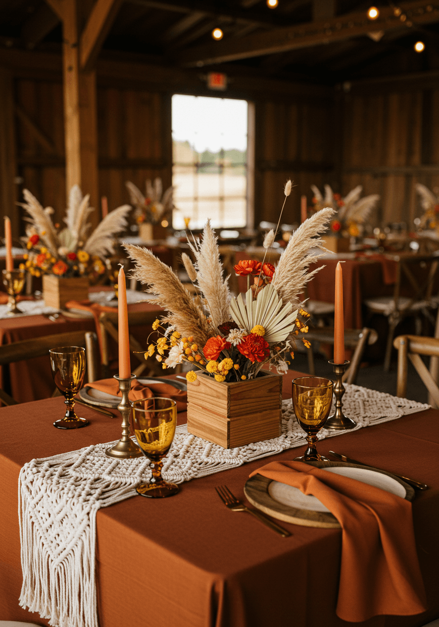 Wedding reception tablescape featuring earth tone linens in burnt orange with wooden centerpieces filled with pampas grass in rustic barn
