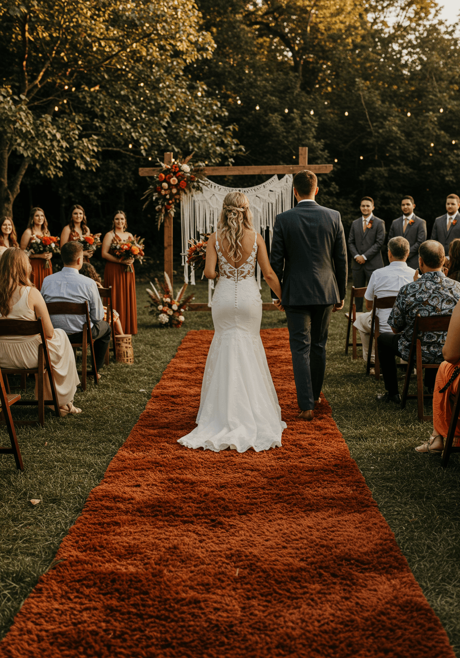 Bride and groom walking down luxurious orange and brown shag carpet aisle runner at outdoor garden wedding during golden hour