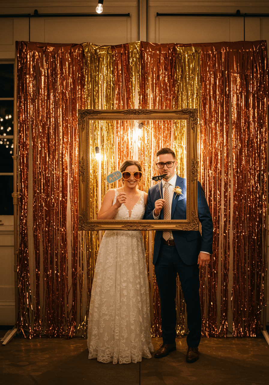 Bride and groom posing at vintage-style photo booth with shimmering copper and gold fringe backdrop curtains in elegant reception hall