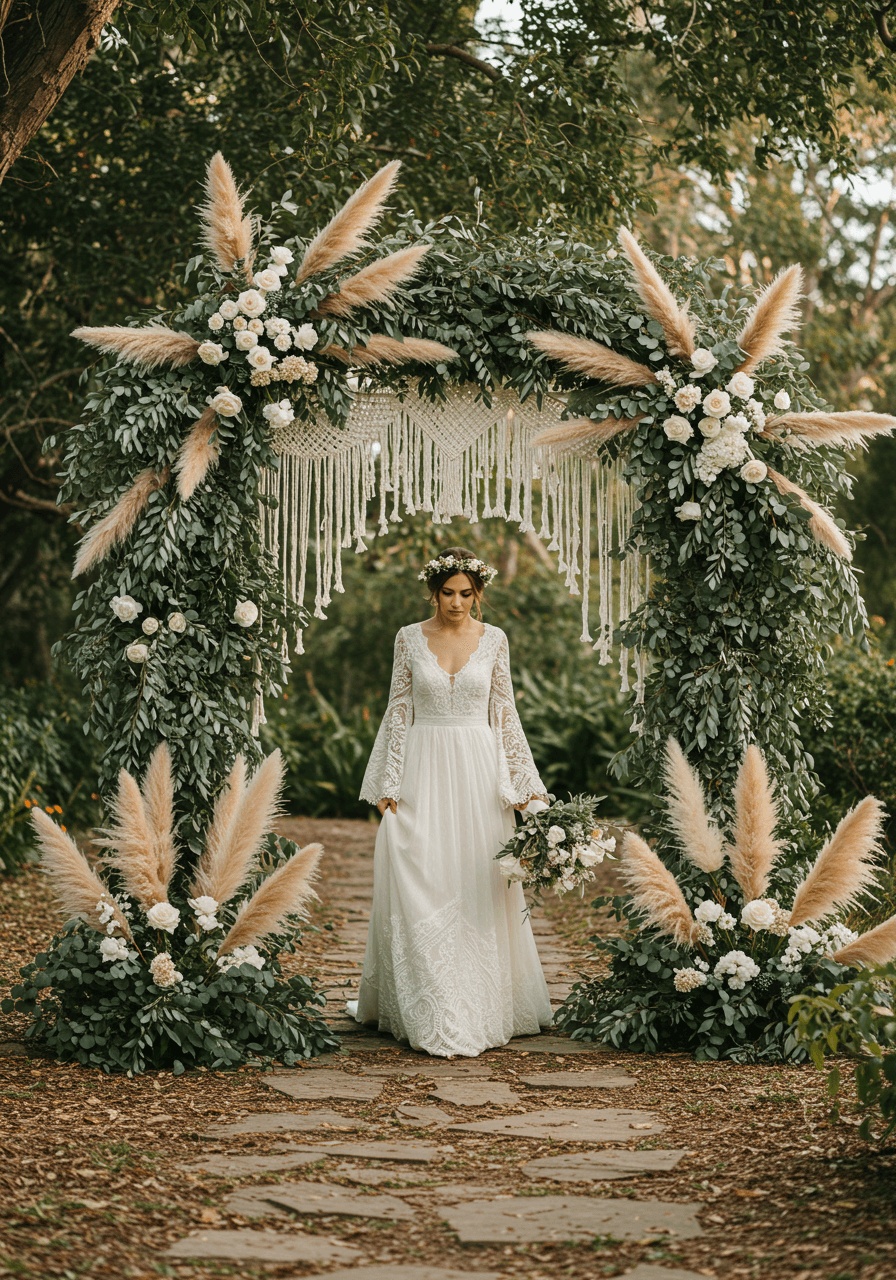 Bride in flowing bohemian wedding dress with bell sleeves walking through garden archway adorned with eucalyptus and white roses