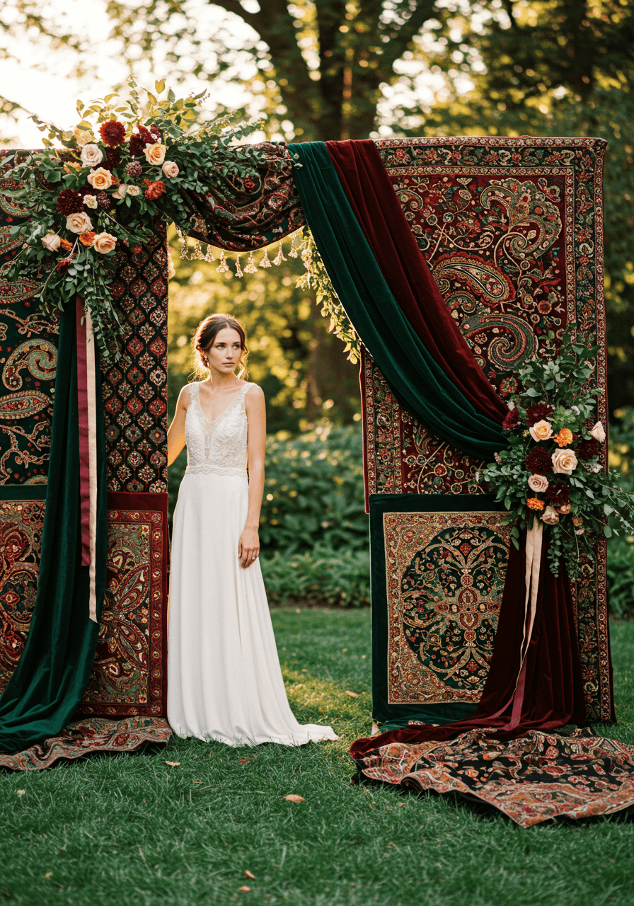 Bride in beaded gown standing gracefully beside wedding arch draped with burgundy velvet and embroidered panels