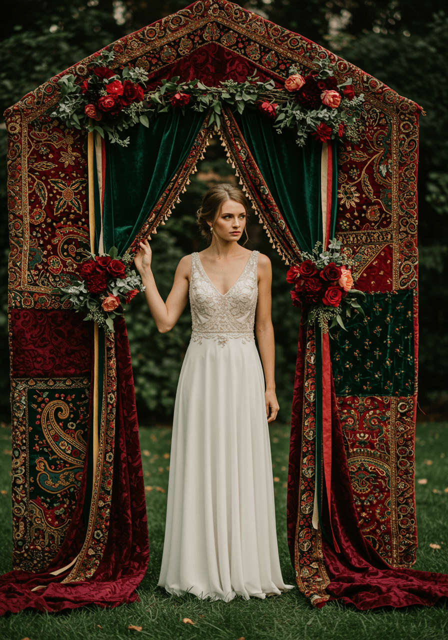 Bride touching ornate embroidered arch with gold paisley motifs and beaded trim in garden setting