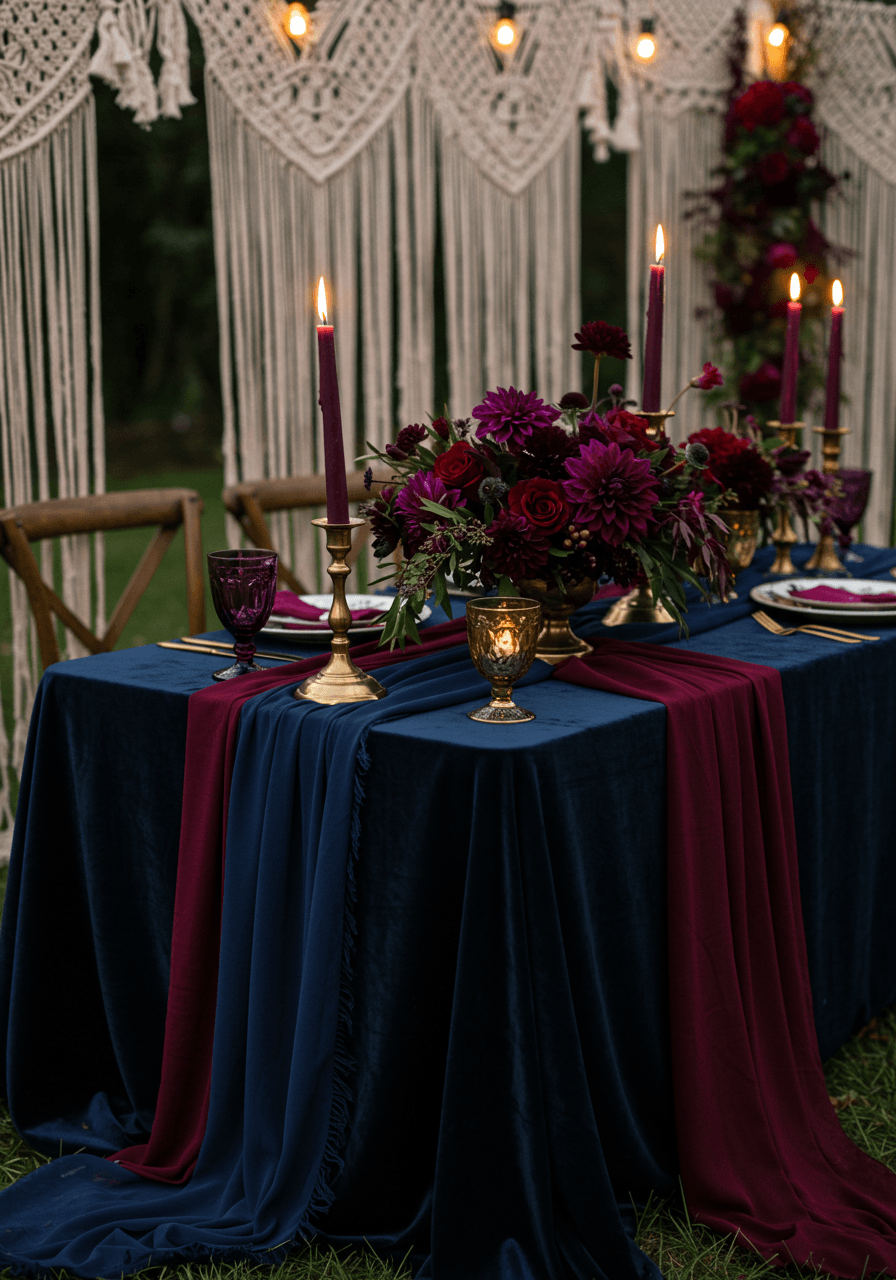 Elegant tablescape with deep burgundy and navy linens, gold candelabras positioned under macrame canopy during twilight