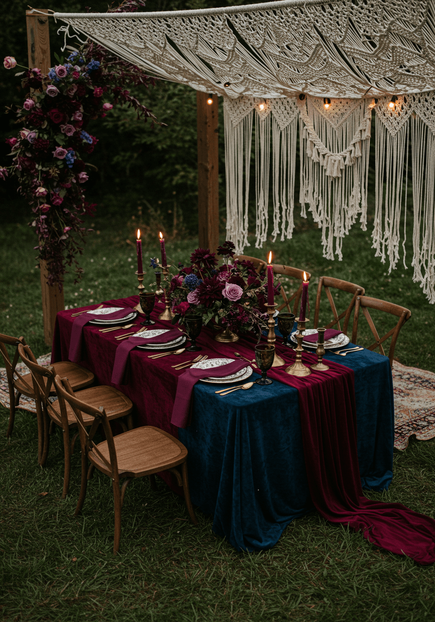 Overhead view of jewel-toned tablescape featuring purple dahlias and burgundy roses illuminated by candlelight
