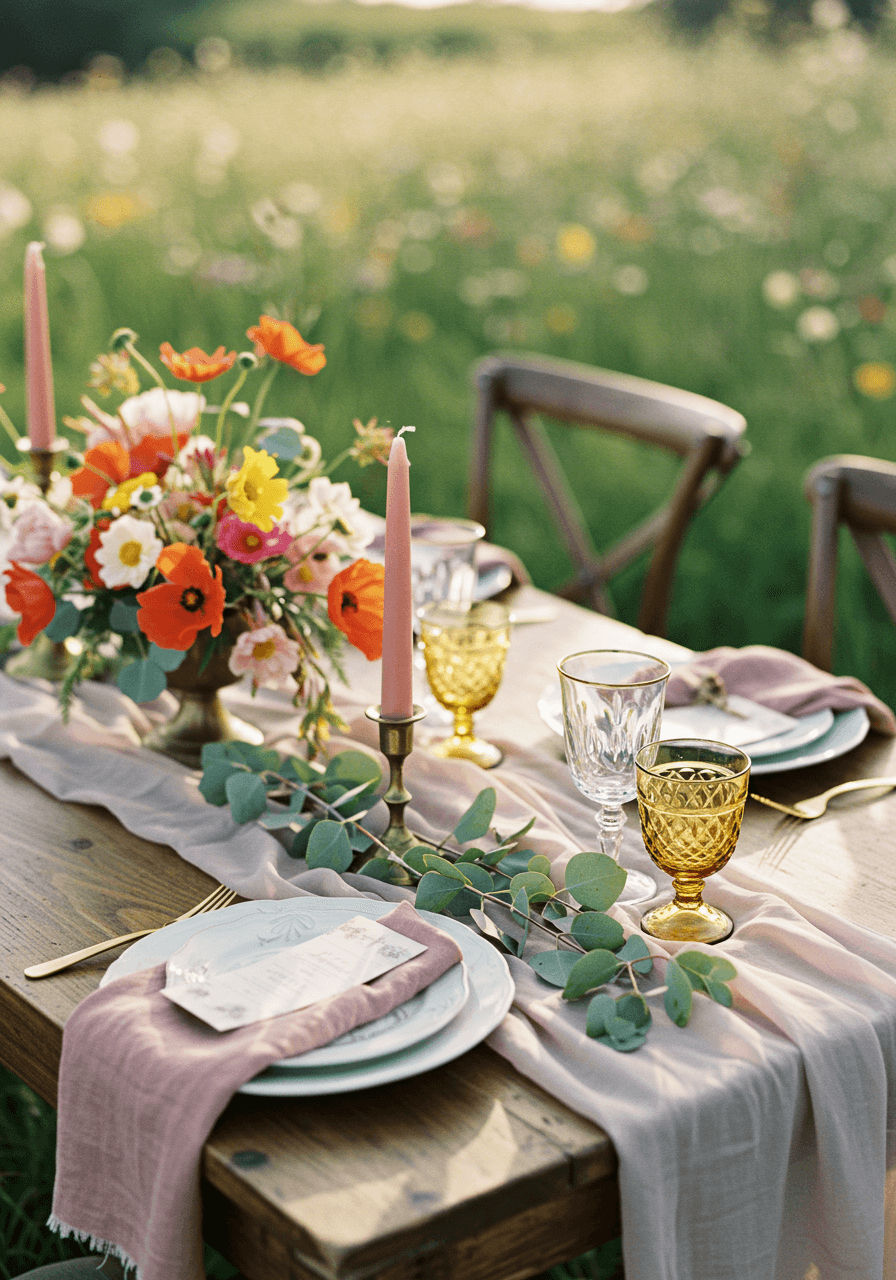 Elegant tablescape set within wildflower meadow featuring hand-dyed silk runners and vintage brass candlesticks