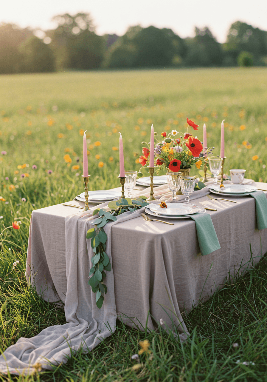 Wide landscape view of luxury meadow tablescape surrounded by wild poppies and cosmos flowers