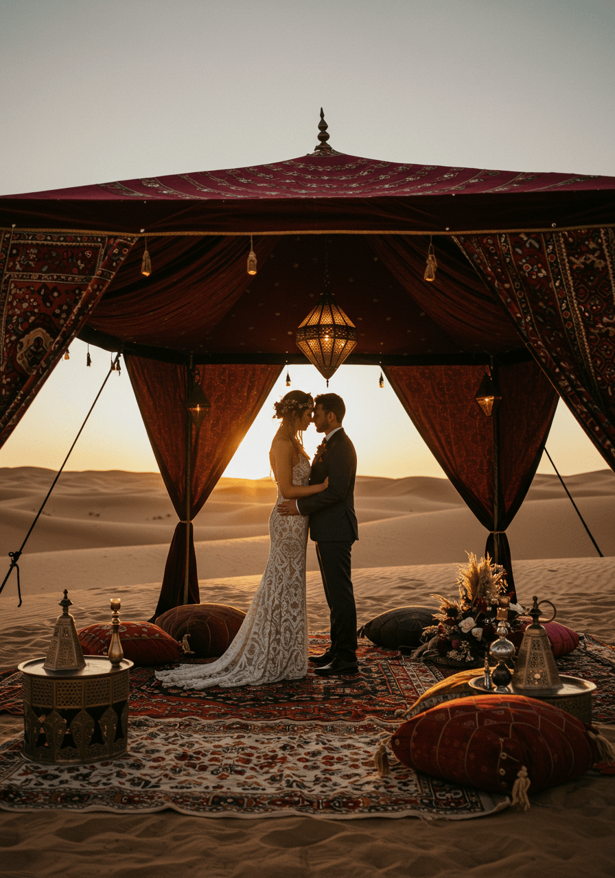 Couple in elegant bohemian attire beneath dramatic Moroccan tent with jewel-toned fabrics in desert landscape at sunset