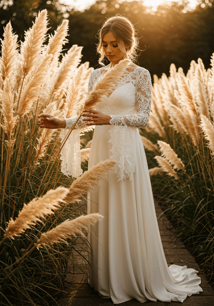 Bride with delicate lace sleeves gently touching tall pampas grass in romantic garden setting