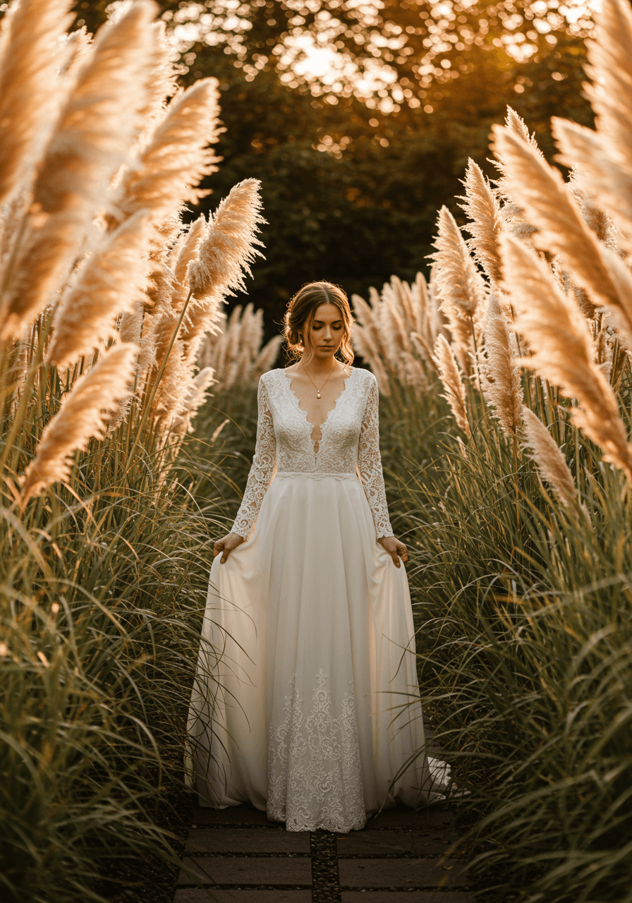 Bride in flowing bohemian silk dress standing gracefully amongst towering pampas grass plumes during golden hour