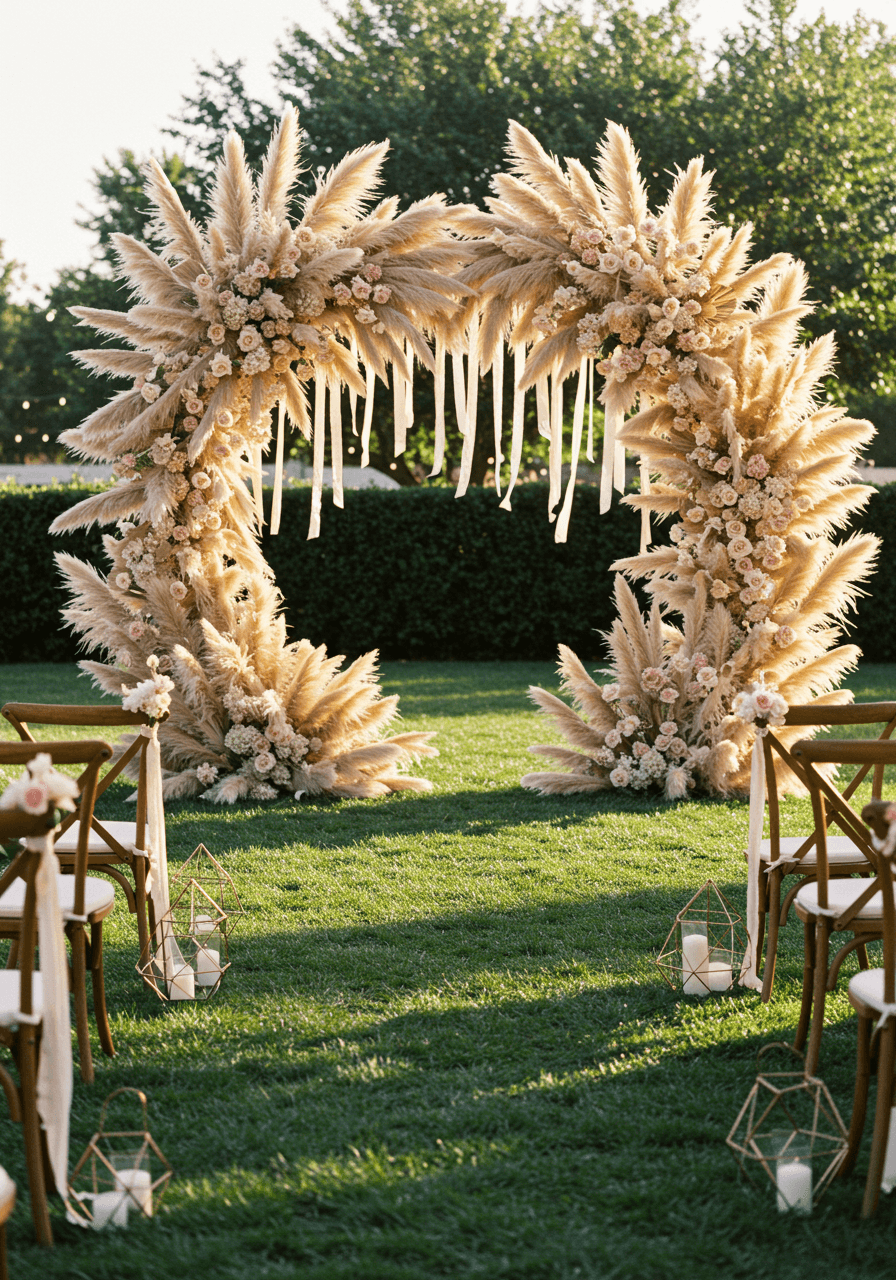 Elegant bohemian ceremony arch crafted from oversized champagne pampas grass with cascading silk ribbons in refined outdoor venue