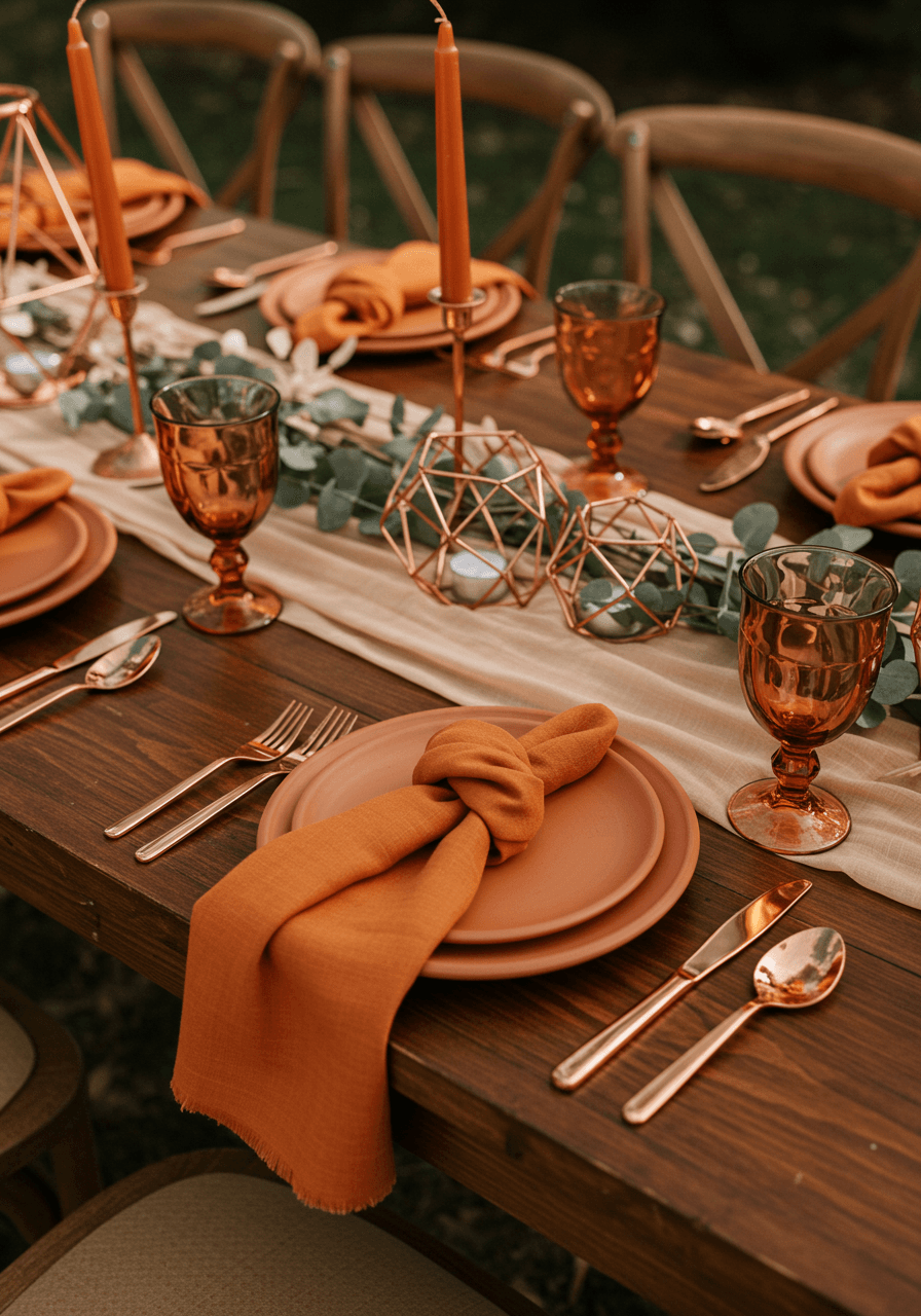 Elegant overhead view of copper flatware and terracotta plates on mahogany farm table in bohemian pavilion