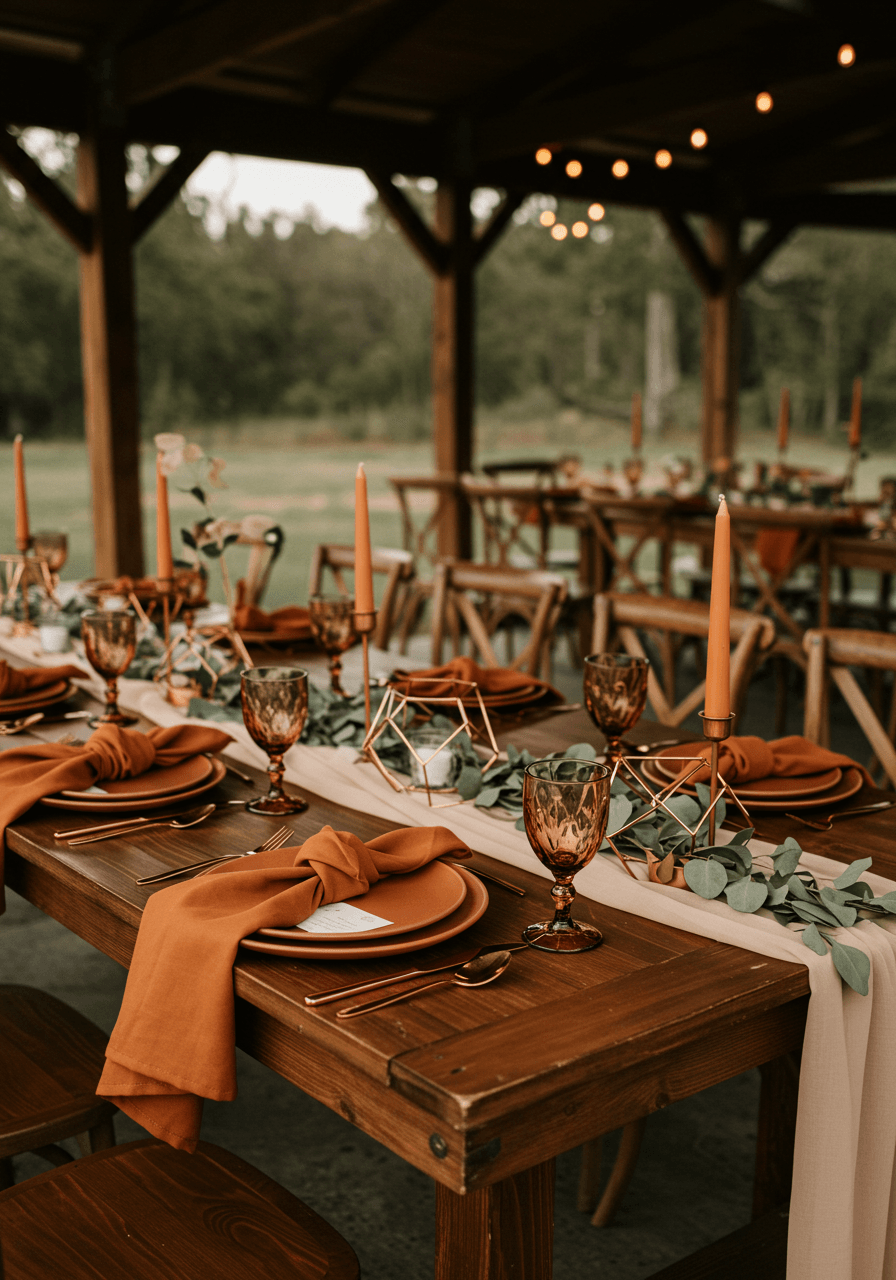 Close-up detail of mahogany table setting with copper geometric candle holders and eucalyptus garlands