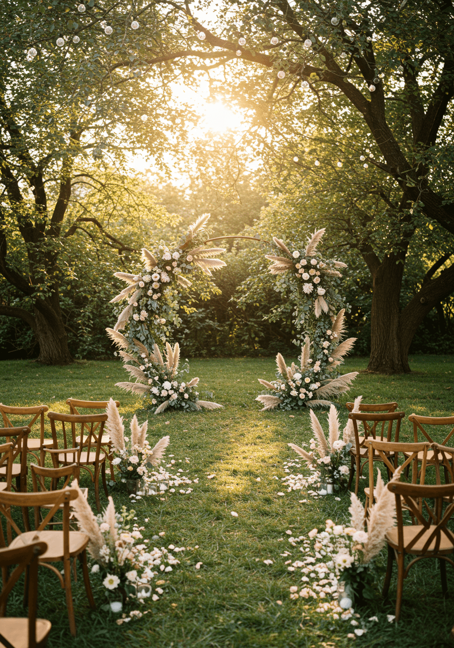 Bohemian wedding ceremony setup featuring circular floral arch in enchanted garden clearing during golden hour