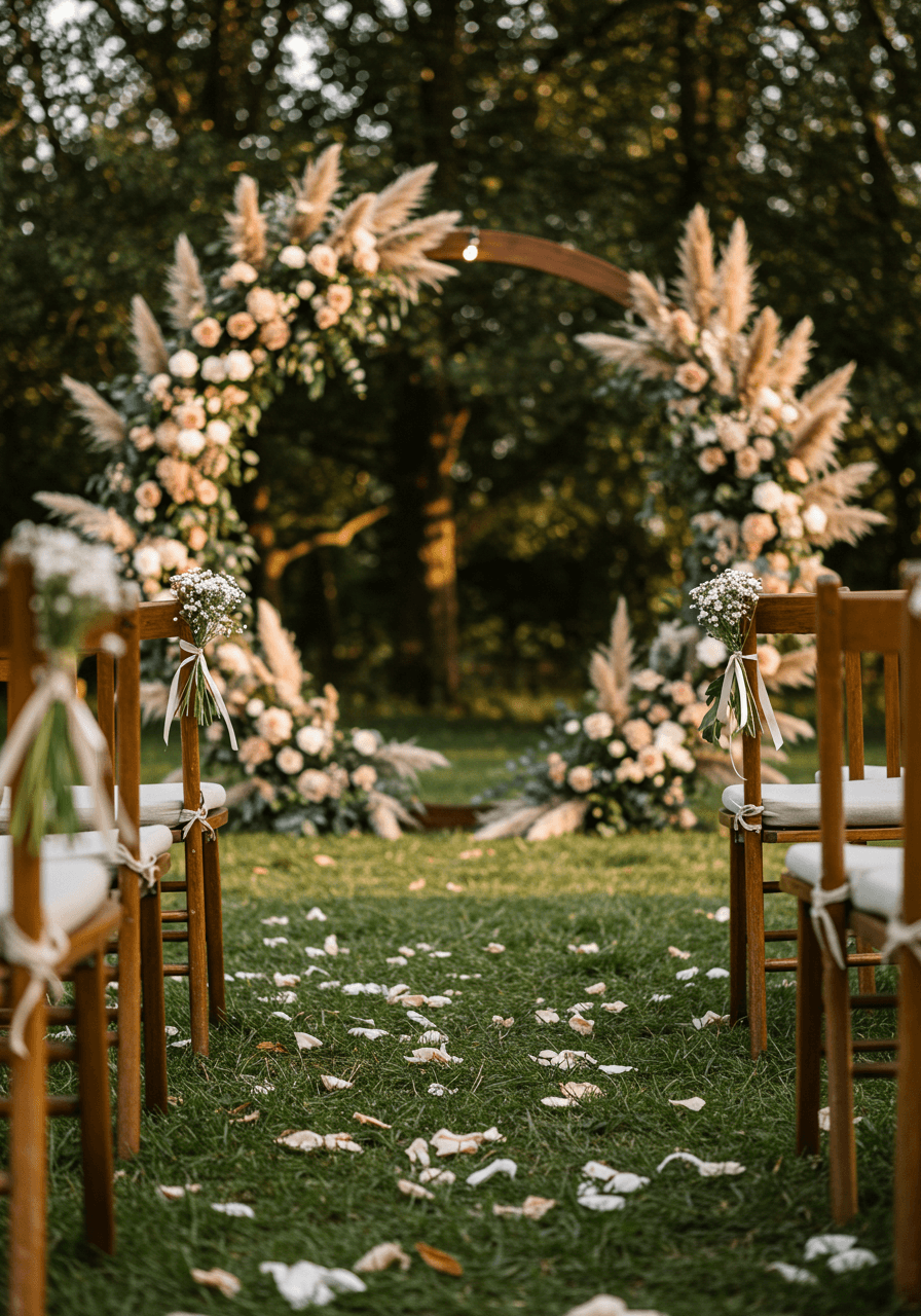 Close-up detail of wildflower and pampas grass ceremony arch surrounded by vintage wooden chairs